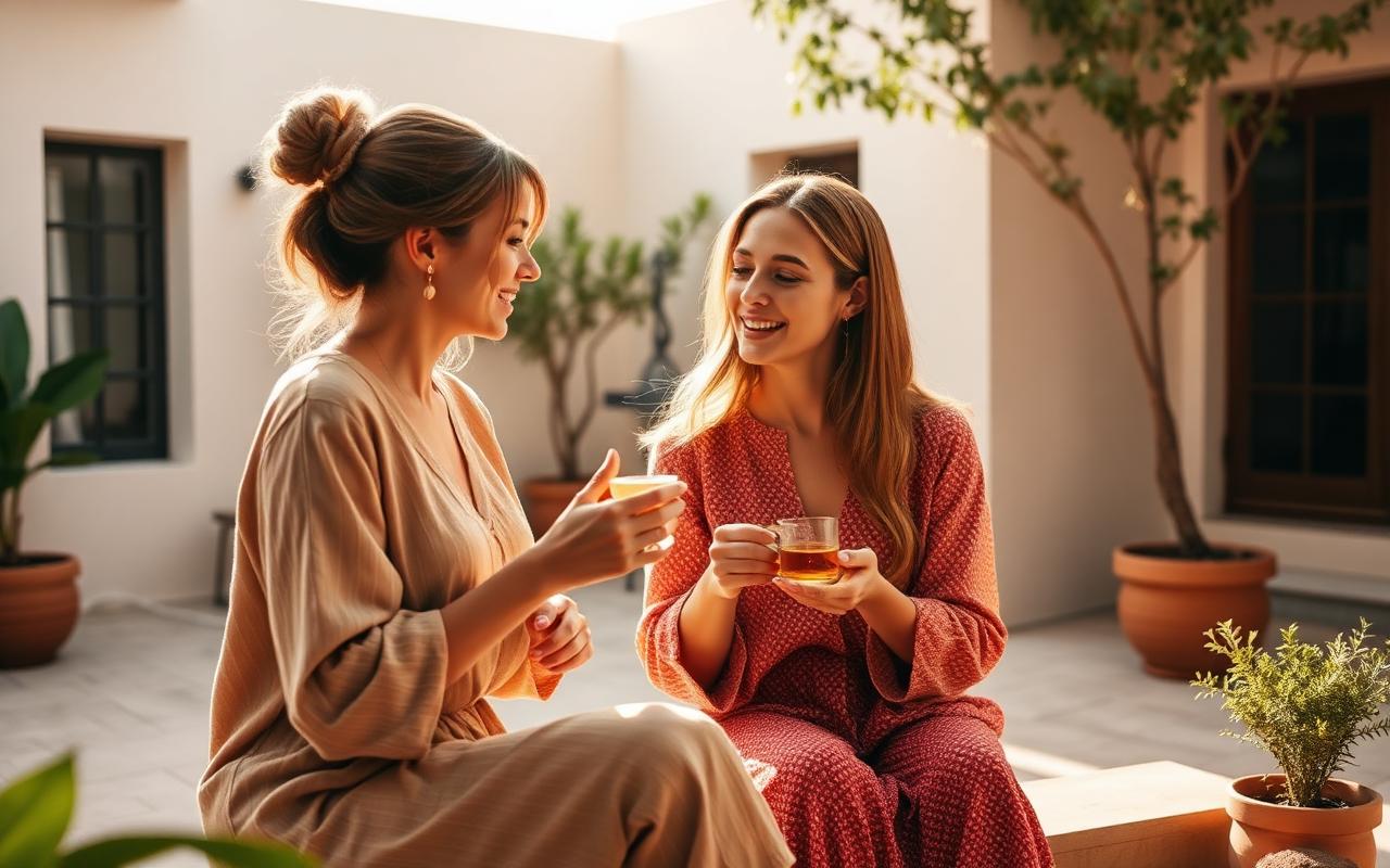 Two women sharing tea in a sunlit courtyard