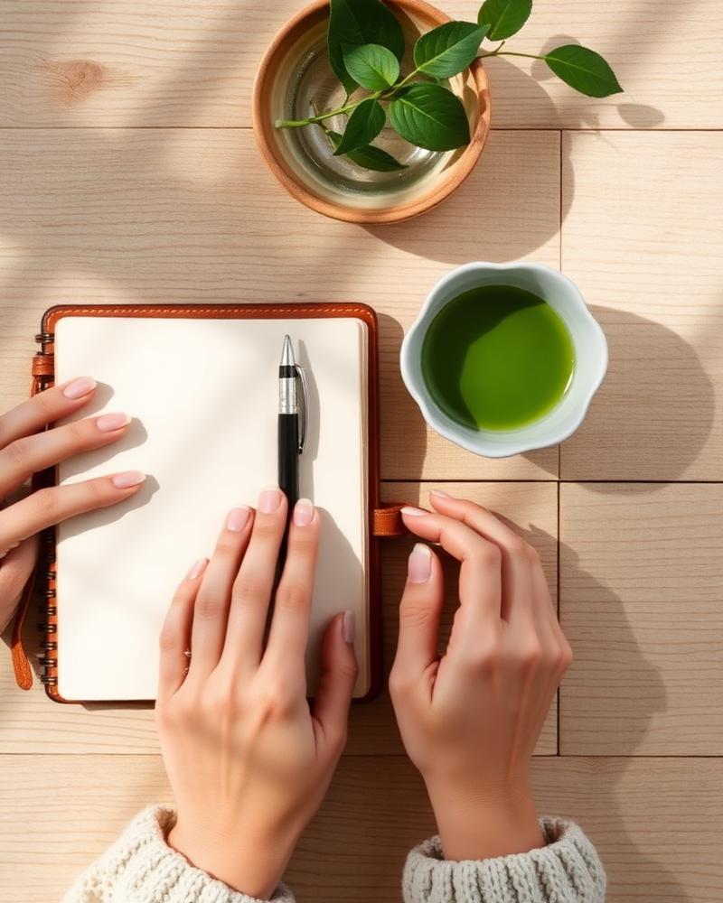 Hands journaling beside a matcha bowl