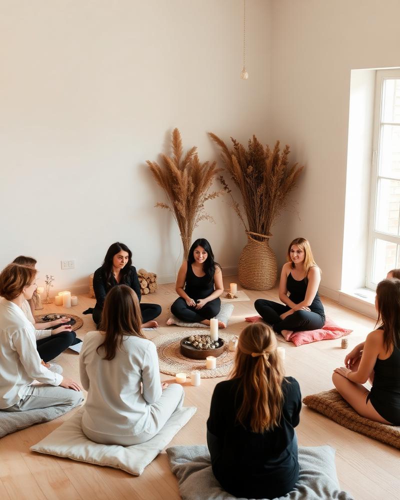 Women's circle gathered on cushions in a warm minimalist room