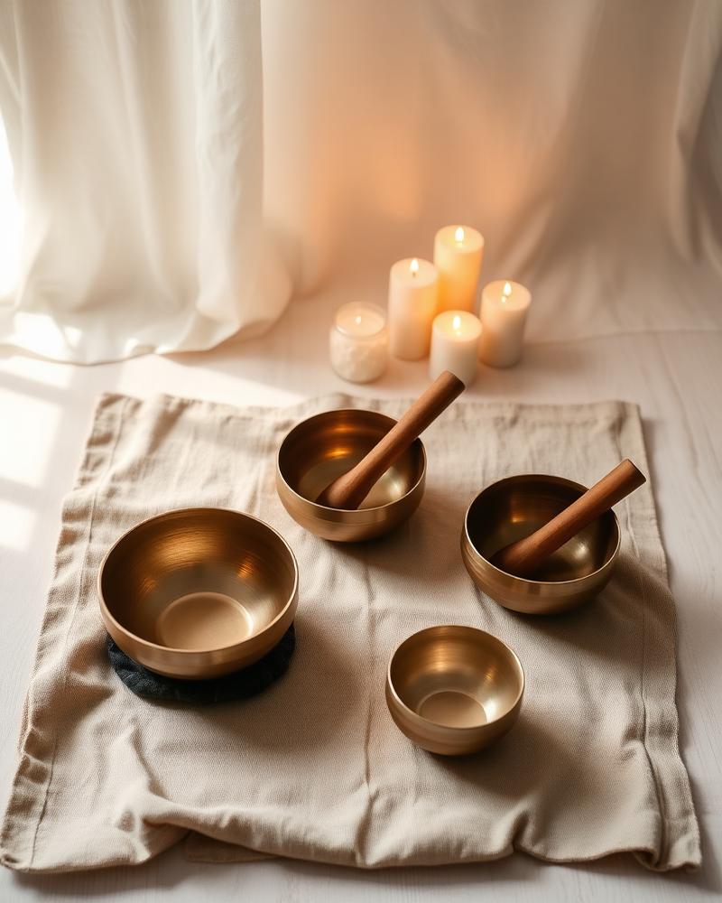 Sound bath with brass singing bowls and candles